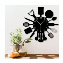 Siyah Hediyelik Ahşap Dekoratif Mutfak Desenli Duvar Saat 50cm