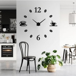 3d Duvar Saati Kahve Fincanlı Ahşap Büyük Boy Siyah Renk