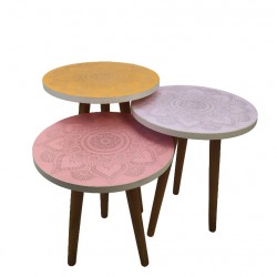 Ecowood Zigon Sehpa 3'lü Ahşap Ayaklı Renkli Desenli